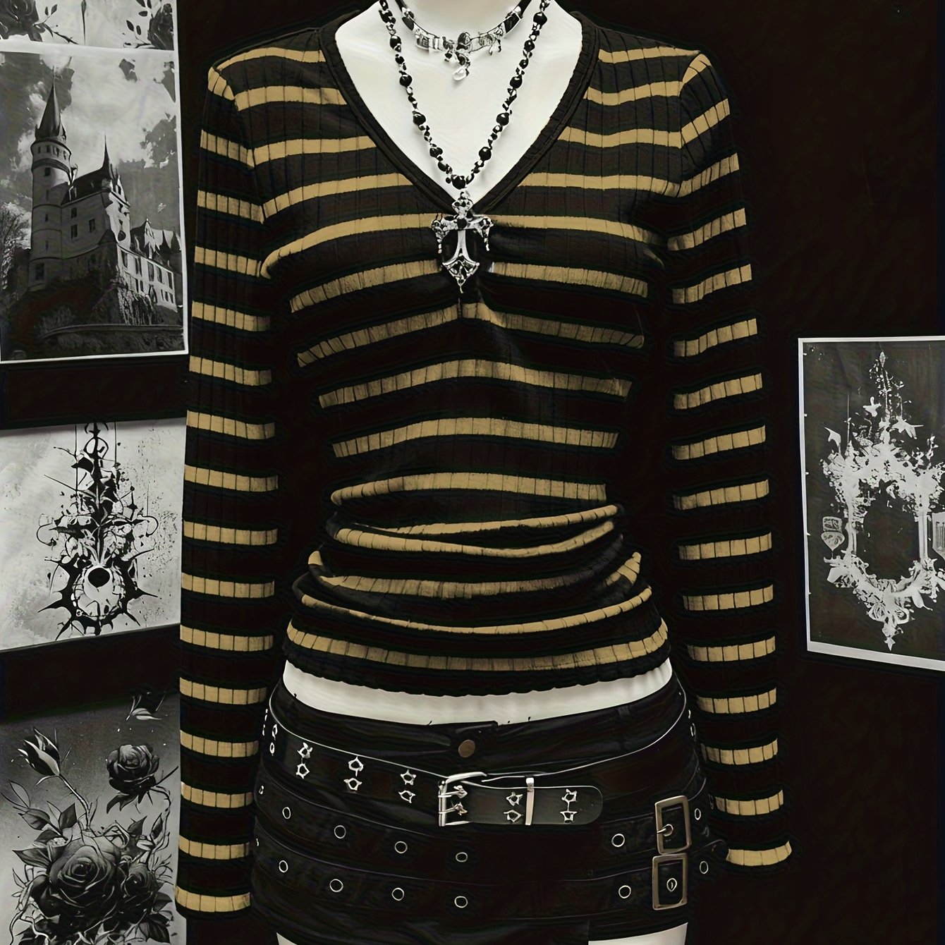 womens v neck fit gothic striped top vintage a - Temu South Africa