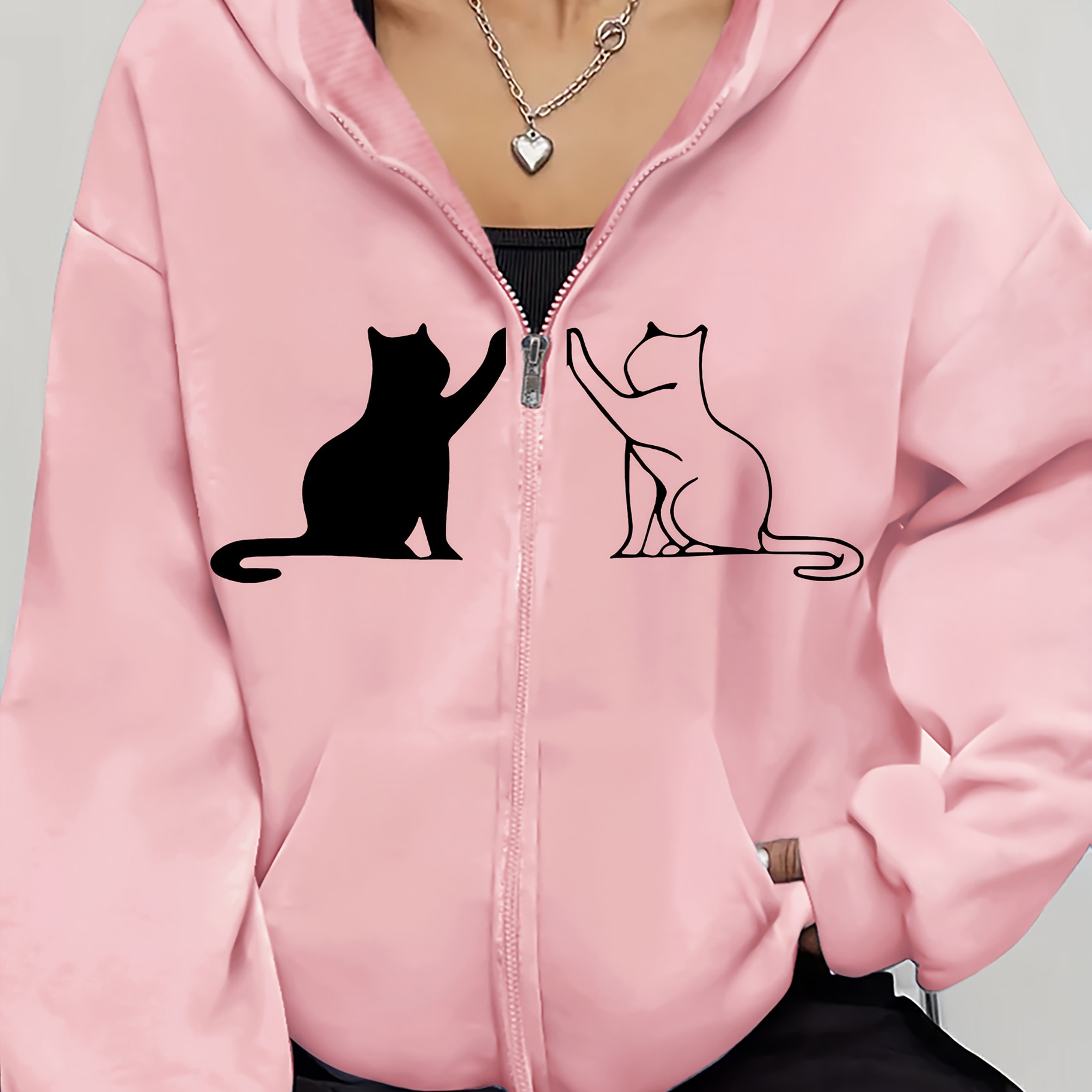 TEMU Black Cat, Women's Long Sleeve Zip-up Casual Jacket With Cat Prints, Suitable For , Made Of Slightly Stretchy, Women's Apparel