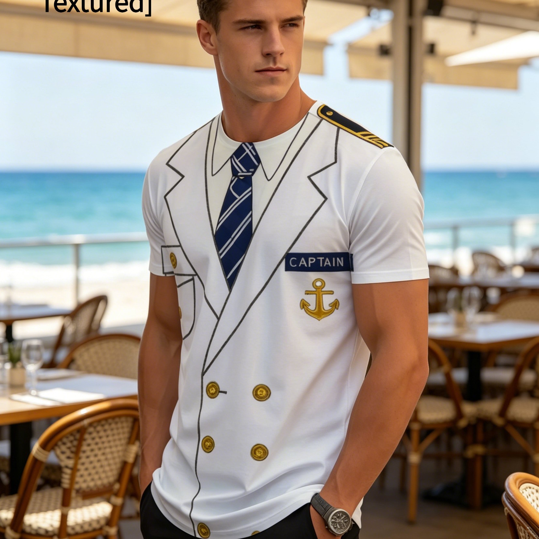 TEMU [printed Design â Not Textured] Men' Pattern Crew Neck T-shirt - Nautical Theme Naval Officer Uniform Print With Golden Accents, Short Sleeve,