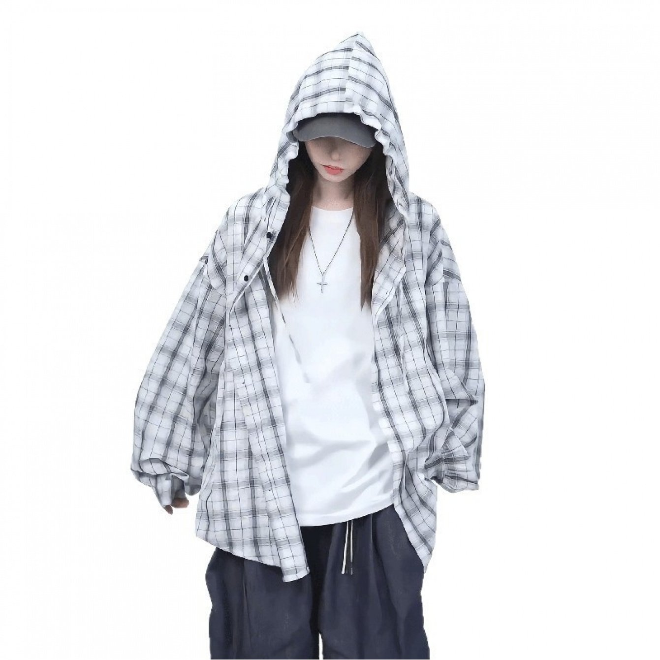 TEMU ブルーグレー チェック柄 フード付きシャツ、アイス 速乾カーディガン、薄手長袖チェックシャツ、ゆったりレイジースタイル カップルジャケット メンズ レディース 夏用