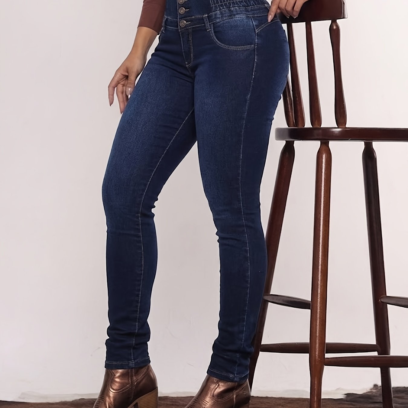 Image of Waistband Elastic Denim Jeans High Waist Multi-button Slim Fit Small Leg Pants Waistband Pencil Pants