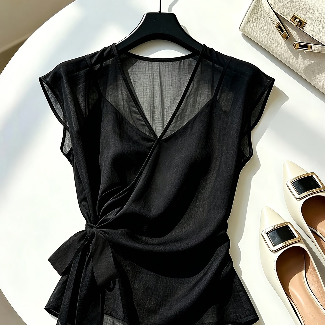 TEMU Women's Versatile Daily Commute Fashionable Casual Elegant Solid Color Cross-neck Tie-waist Sleeveless Shirt Top