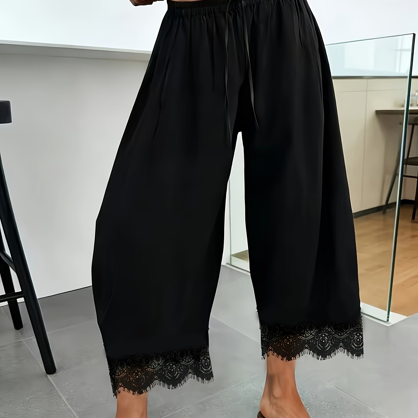 TEMU [zj0715023] Women's Fashion Solid Elegant Lace-paneled Ankle Pants, Machine Washable, Suitable For Home Casual Daily Wear