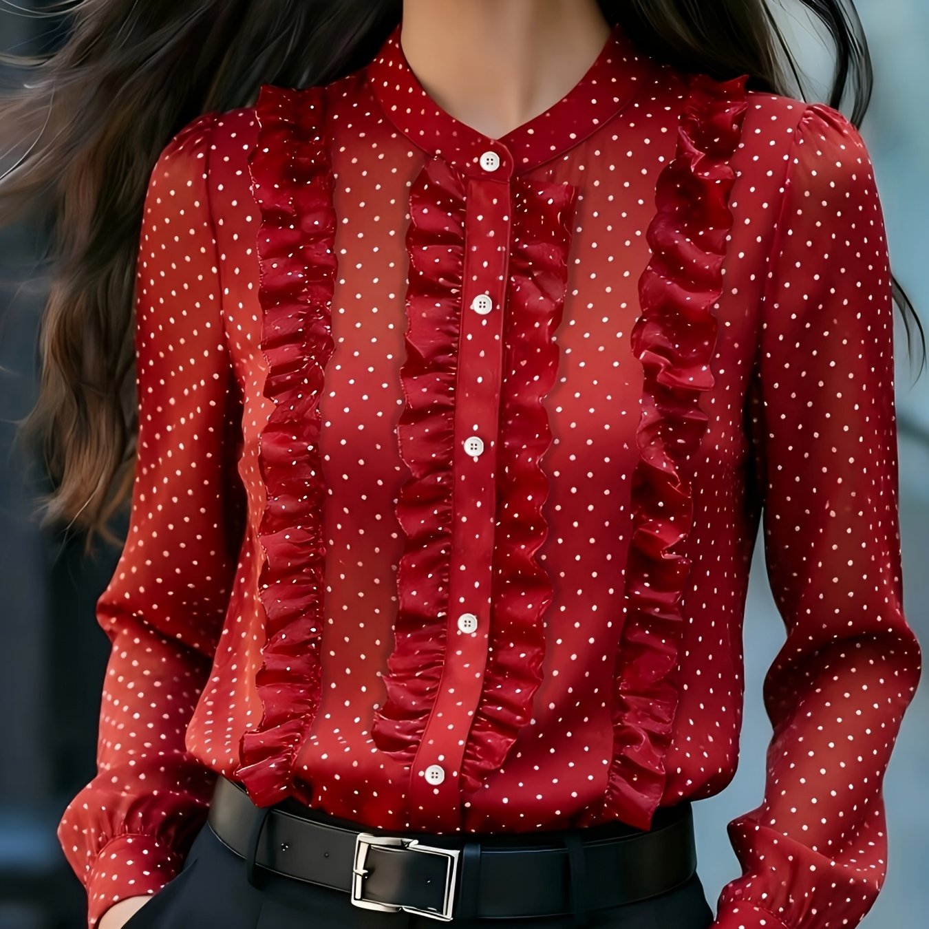 TEMU Spring/autumn Printed Polka Dot Elegant Women's Top With Beautiful Ruffle Button- Shirt