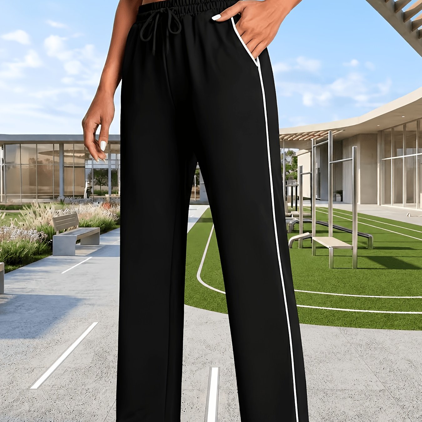 TEMU Women's High Waist Yoga Sports Straight Leg Pants | High Stretch Fabric, Solid Color, Cropped Length, Pocket Details, Suitable For