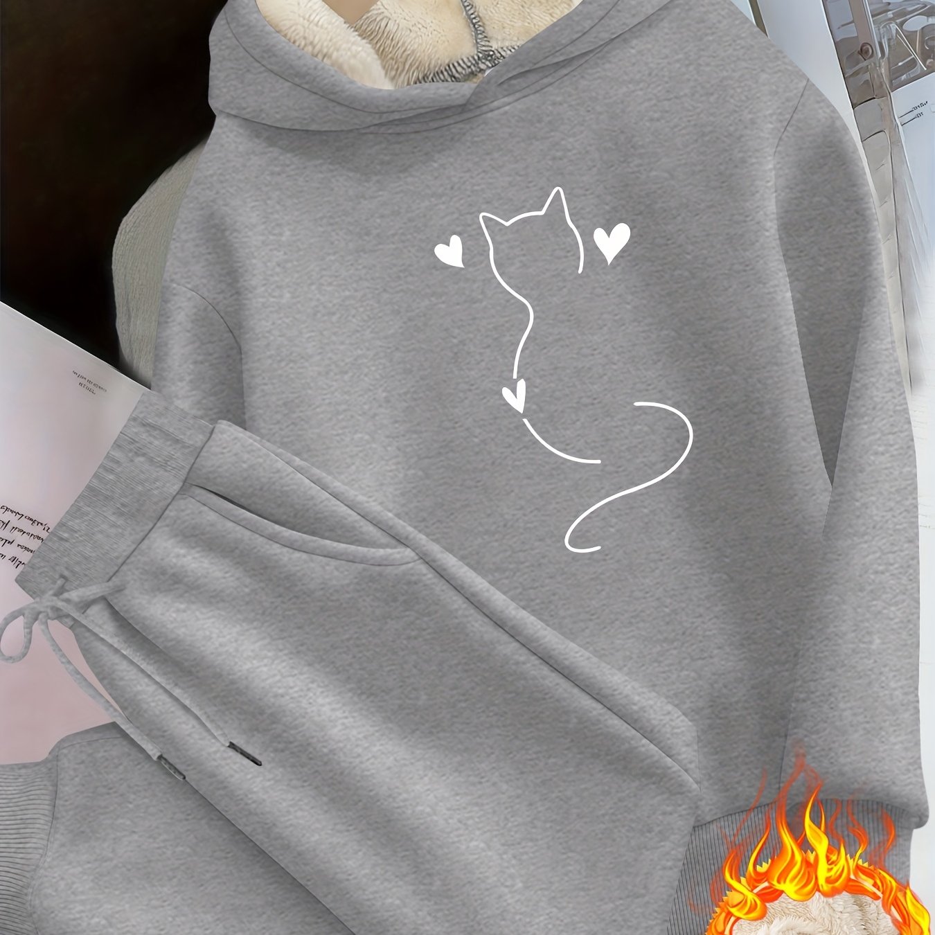 TEMU Japanese And Korean Style Autumn/winter Casual Women's 2pcs Set: -lined Thickened Hooded Sweatshirt With Cat And Heart Element Print, And Pants