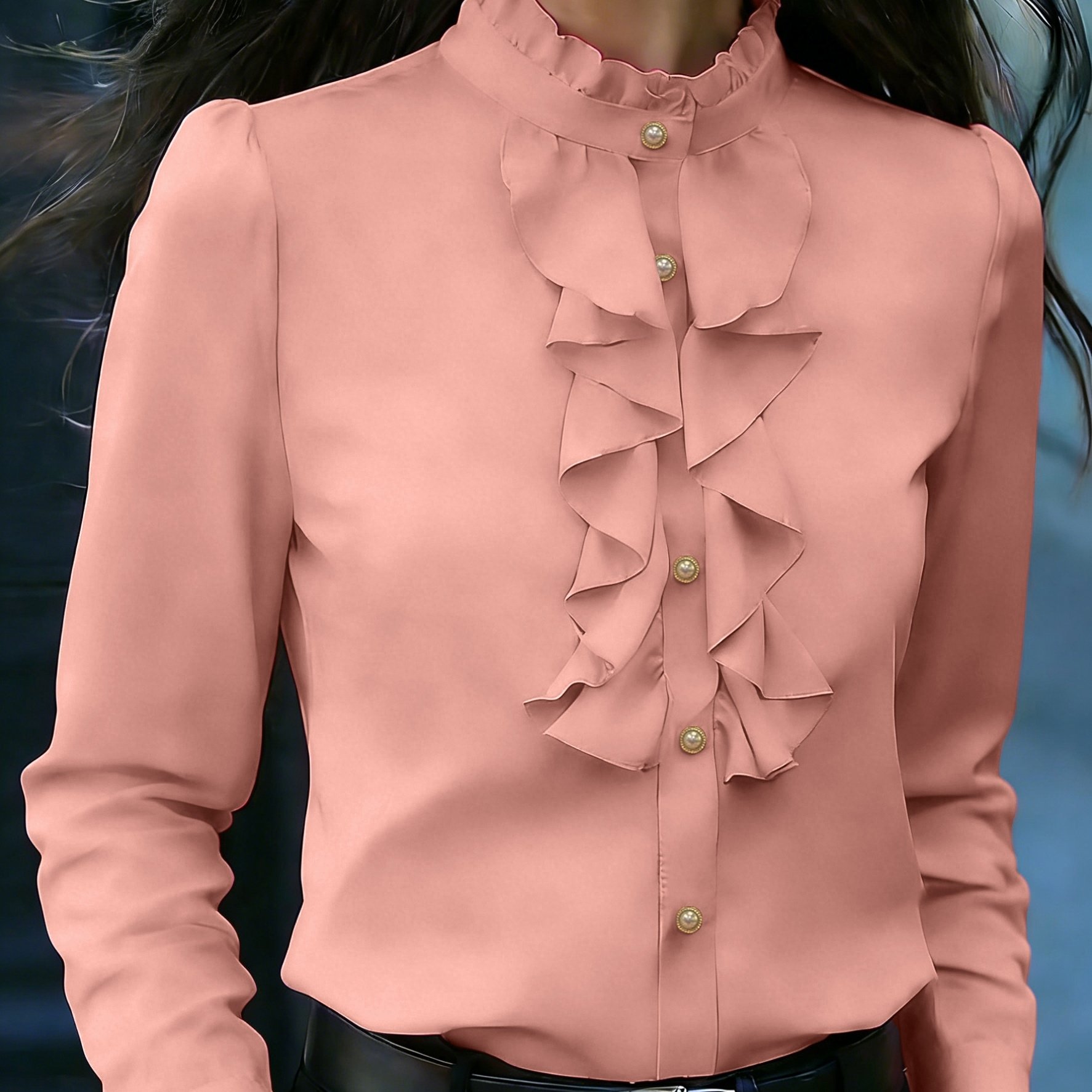 TEMU Spring/autumn Fashion Solid Color Elegant Women's Top, Mushroom Small Stand Collar Long Sleeve Beautiful Blouse, Pearl Button Women's Clothing