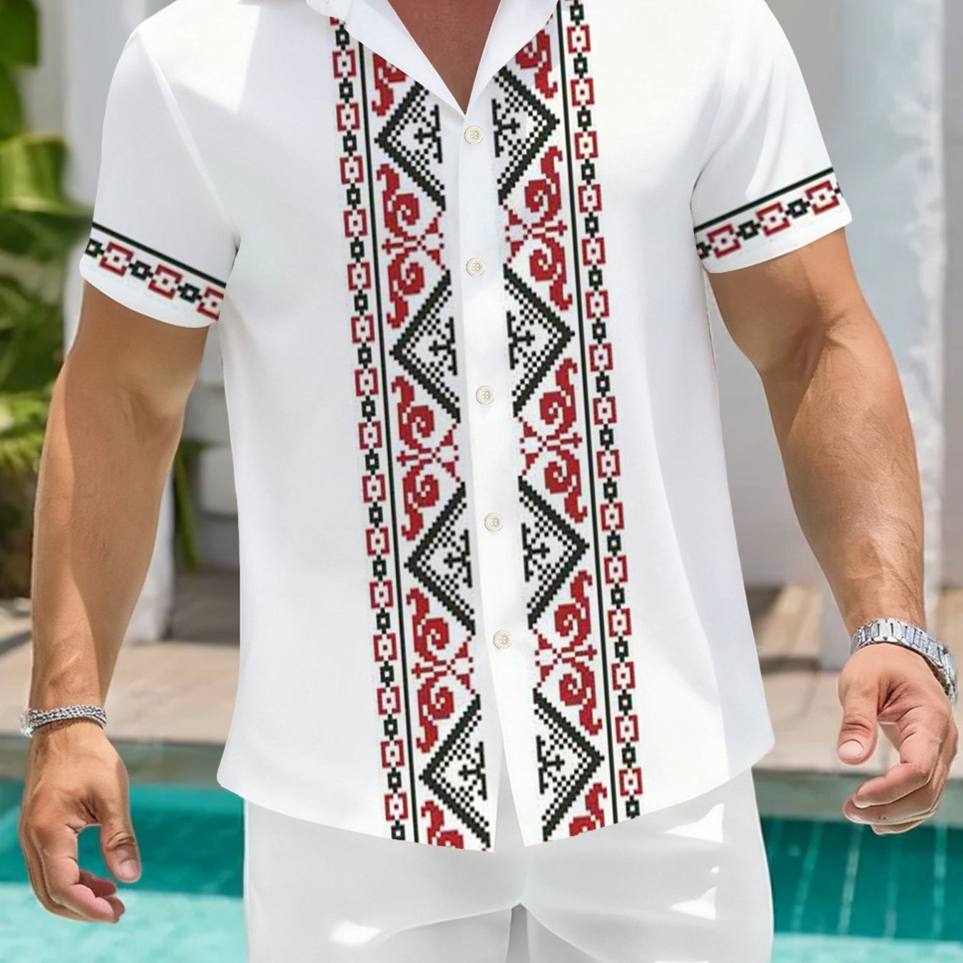 TEMU Men's Ukrainian Print Ethnic Shirt, Short Sleeve Casual Button-up Collar Cultural Top, Vibrant Ukrainian Pattern, Breathable Fabric,