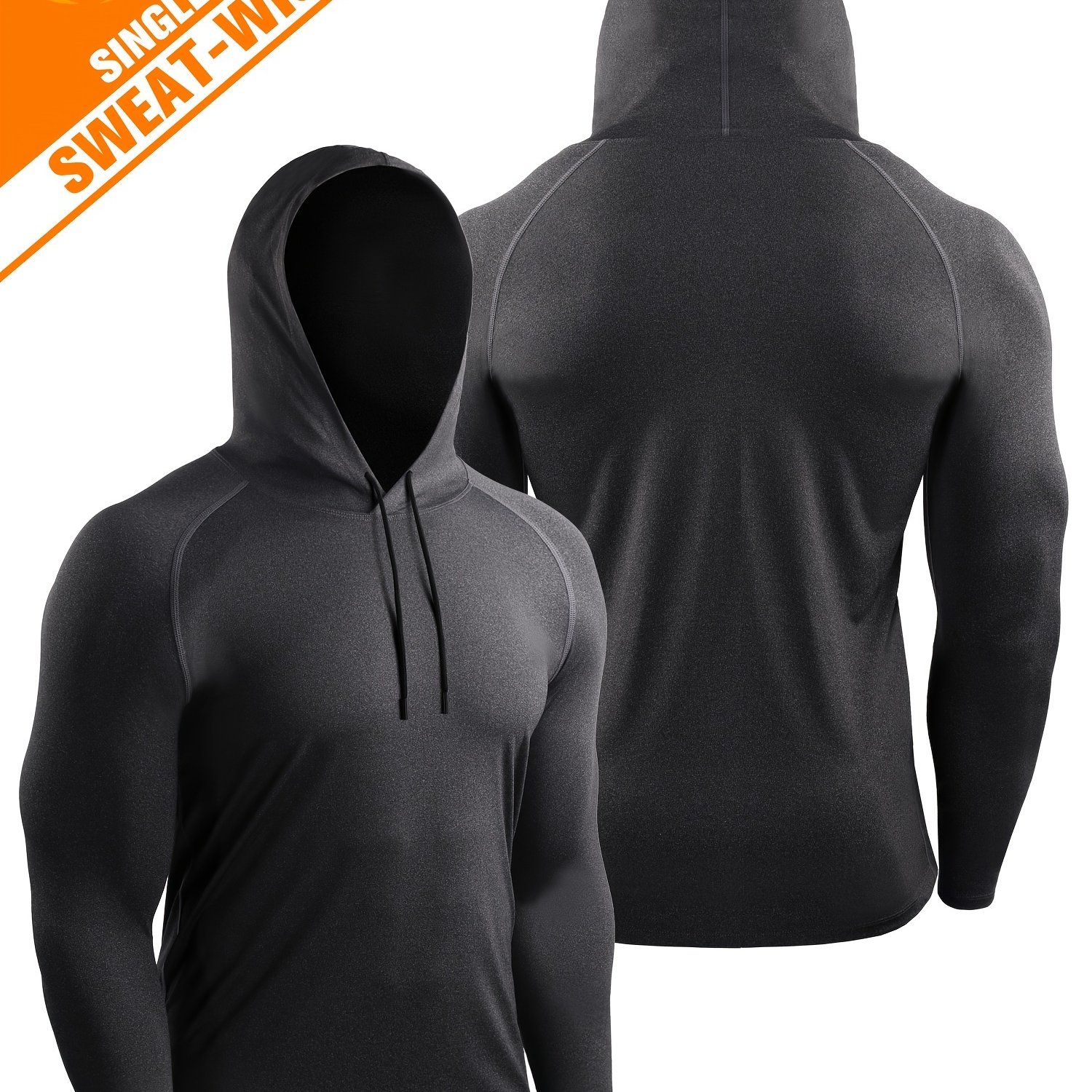 Men's Workout Long Sleeve Hooded Shirt, Active Mid Stretch Breathable Moisture Wicking Drawstring Sports Shirt For Gym