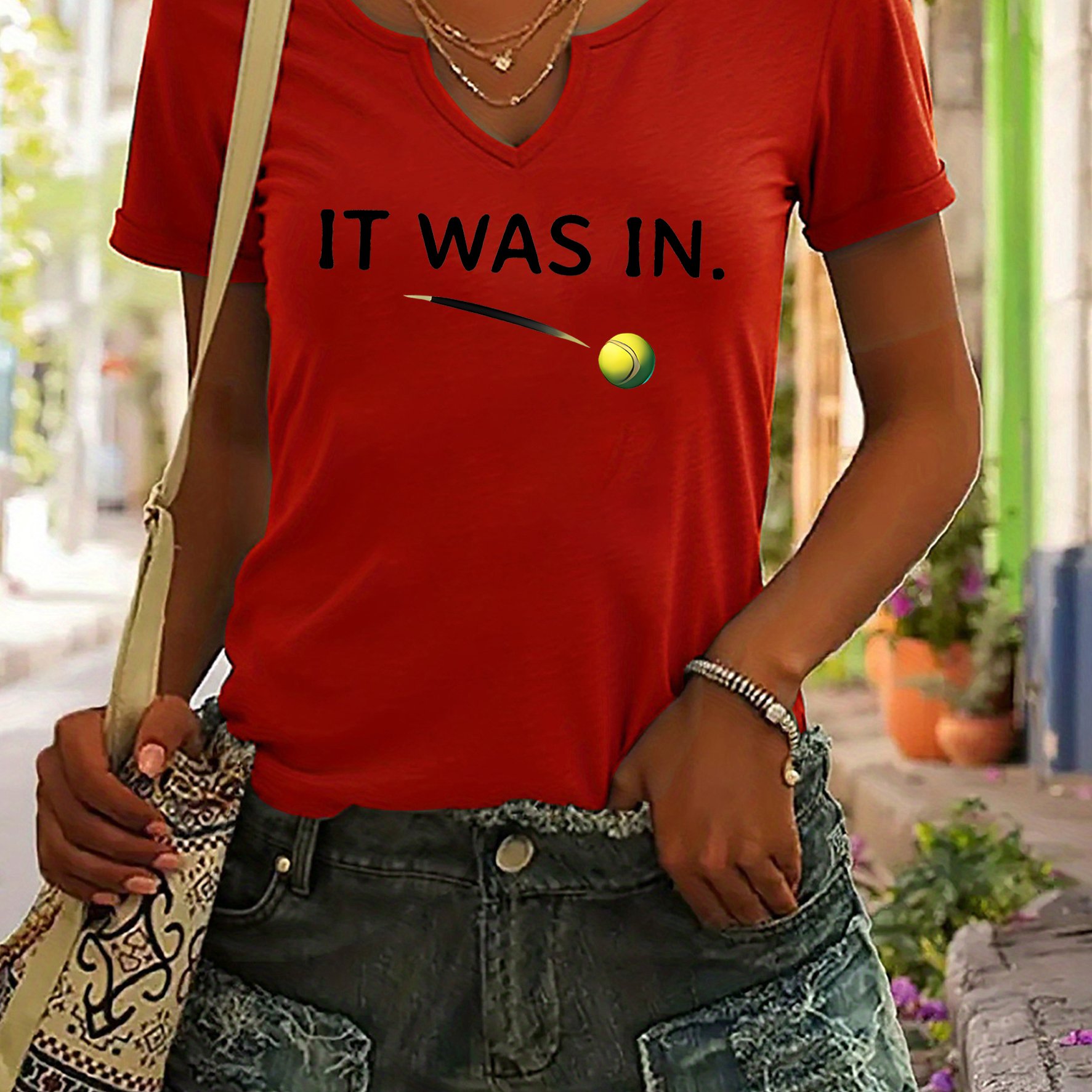 TEMU V Neck Rolled Sleeve T-shirt For Women, It Was , Text With Ball Graphic, Funny Vibe, Casual Swear Tops