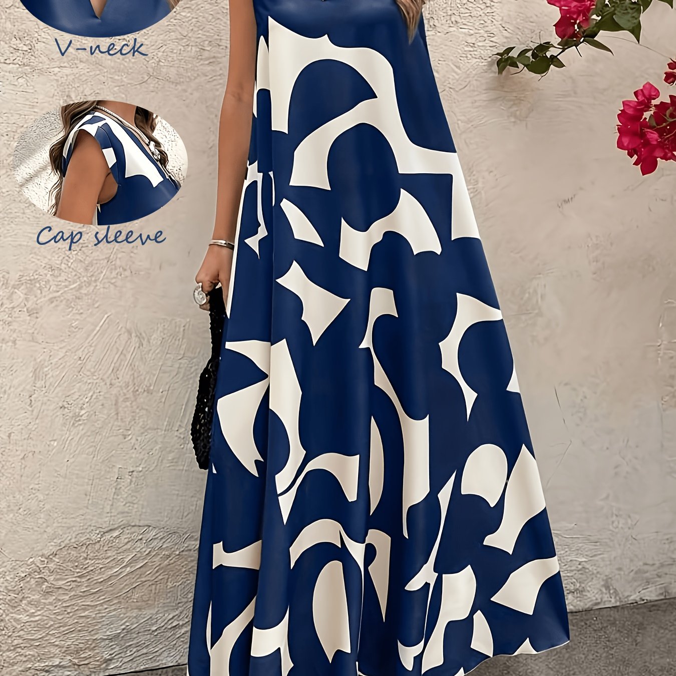 Image of Plus Size, Women's Summer Dress, V-neck, Maxi Length, Beach Print, Casual Summer Wear, Loose And Comfortable Plus-size Women's Dress