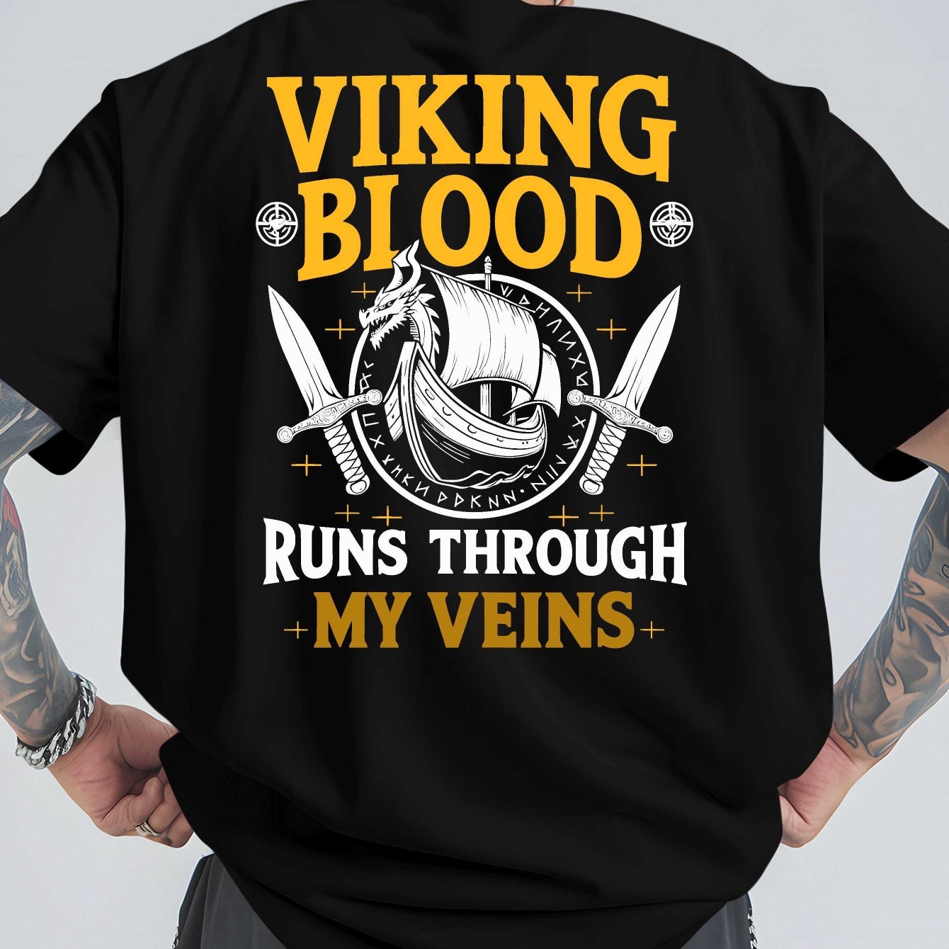 TEMU Men's Viking Pattern T-shirt - "viking Blood Runs Through My Veins" Back Print - Red And Yellow - Breathable Loose Fit Tee For Gym, Cosplay,