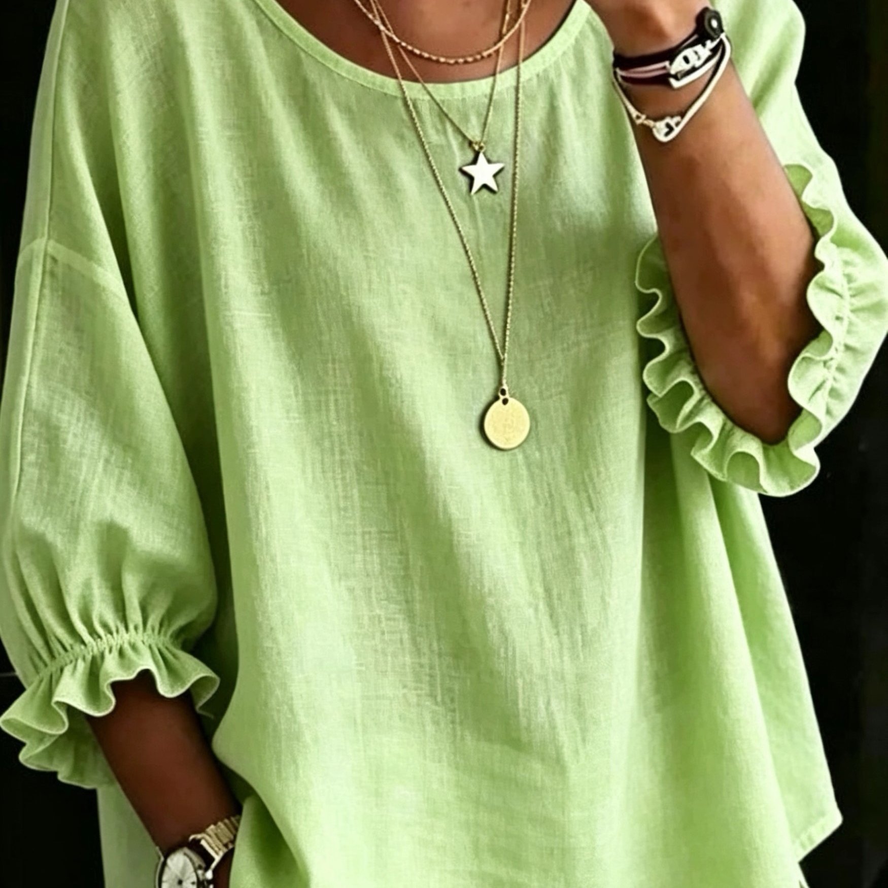 TEMU Plus Size, Plus Size Women's Shirt With Round Neck, Ruffle Trim, Three-quarter Lantern Sleeves, Loose-fitting Opaque Textured Vacation Casual