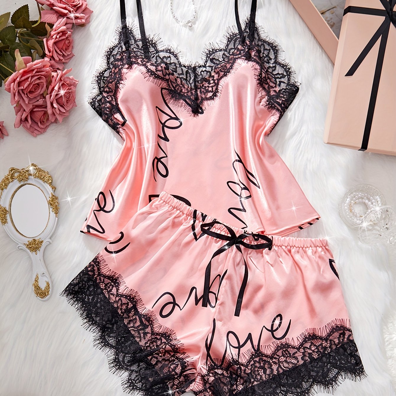 Image of Elegant Women's Lace-trimmed Letter Print Pajama Set With Bow Detail - Comfortable Spaghetti Strap Top & Shorts, Perfect For Spring/summer/fall