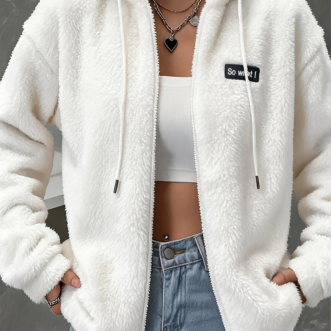 TEMU Autumn Winter New Women's Clothing Solid Color Style Hooded Full-zip Lamb Coat Chest Small Label Design Thickened Warm Teddy Fleece Loose Plush