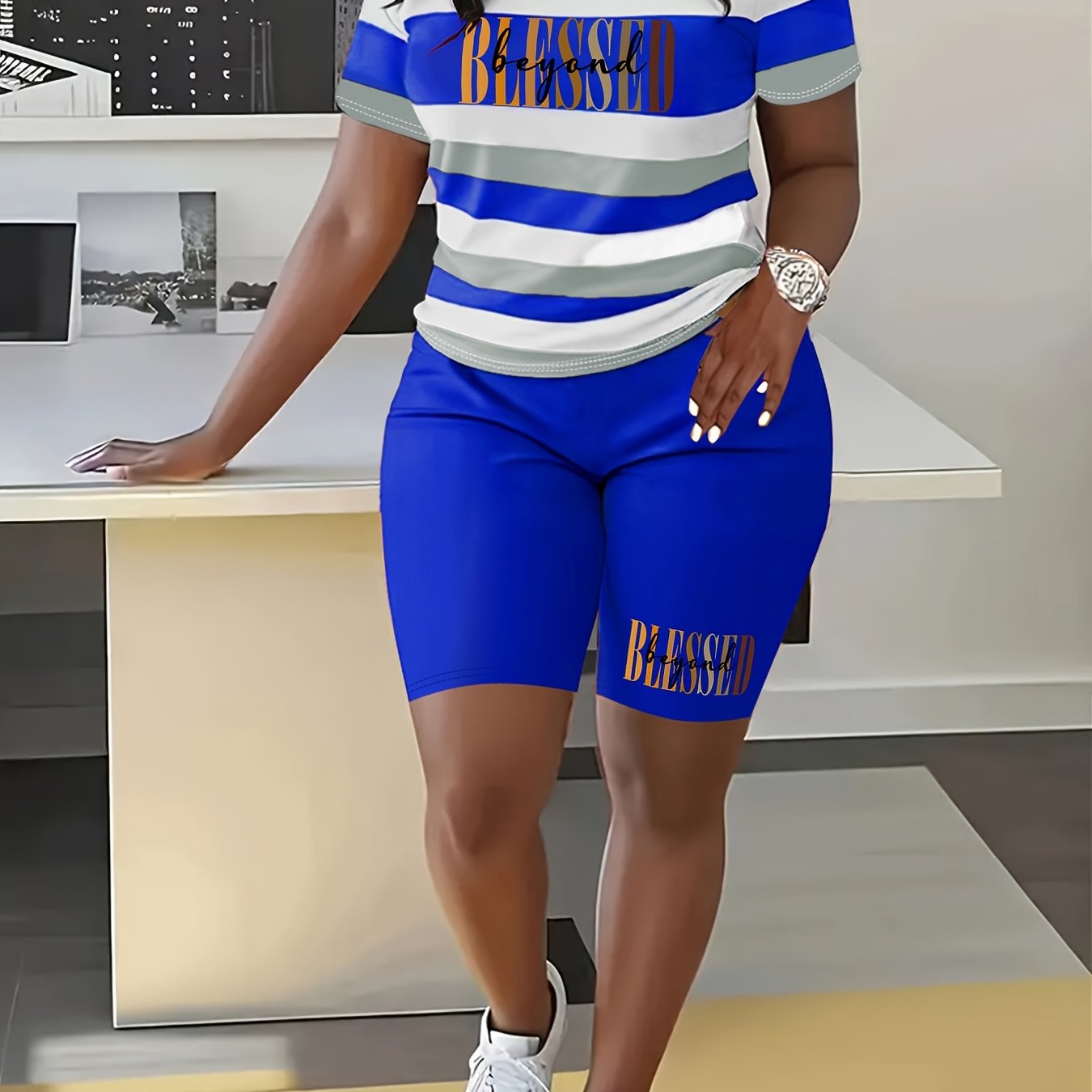 TEMU Alphabet Print Striped Spring/summer Crew Neck Short Sleeve Shorts 2pcs Set