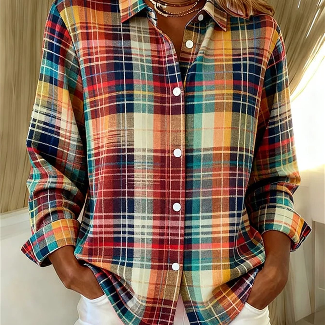 TEMU Women's Button Shirt- Turn- Collar Long Sleeve Top, Washable Outfit, Elegant Holiday Clothing, Comfortable Autumn Winter