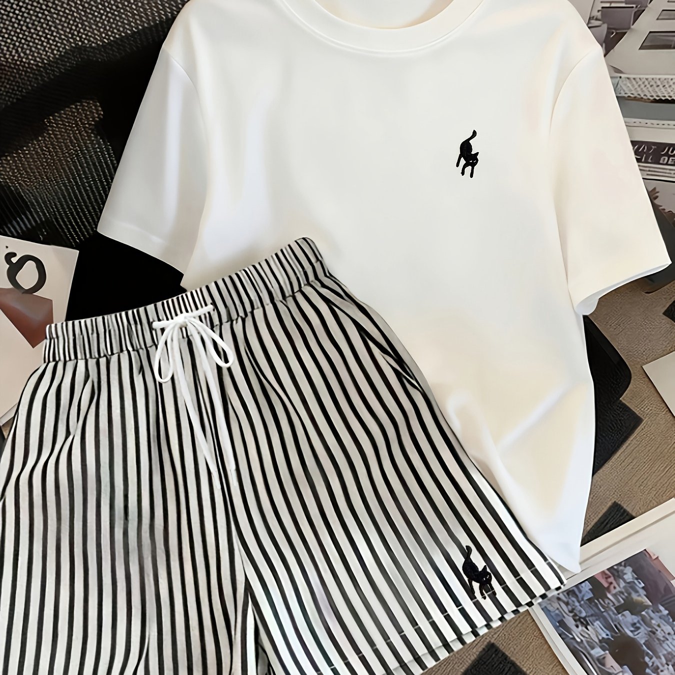 TEMU Y2k Embroidered Pattern Casual T-shirt And Shorts Set