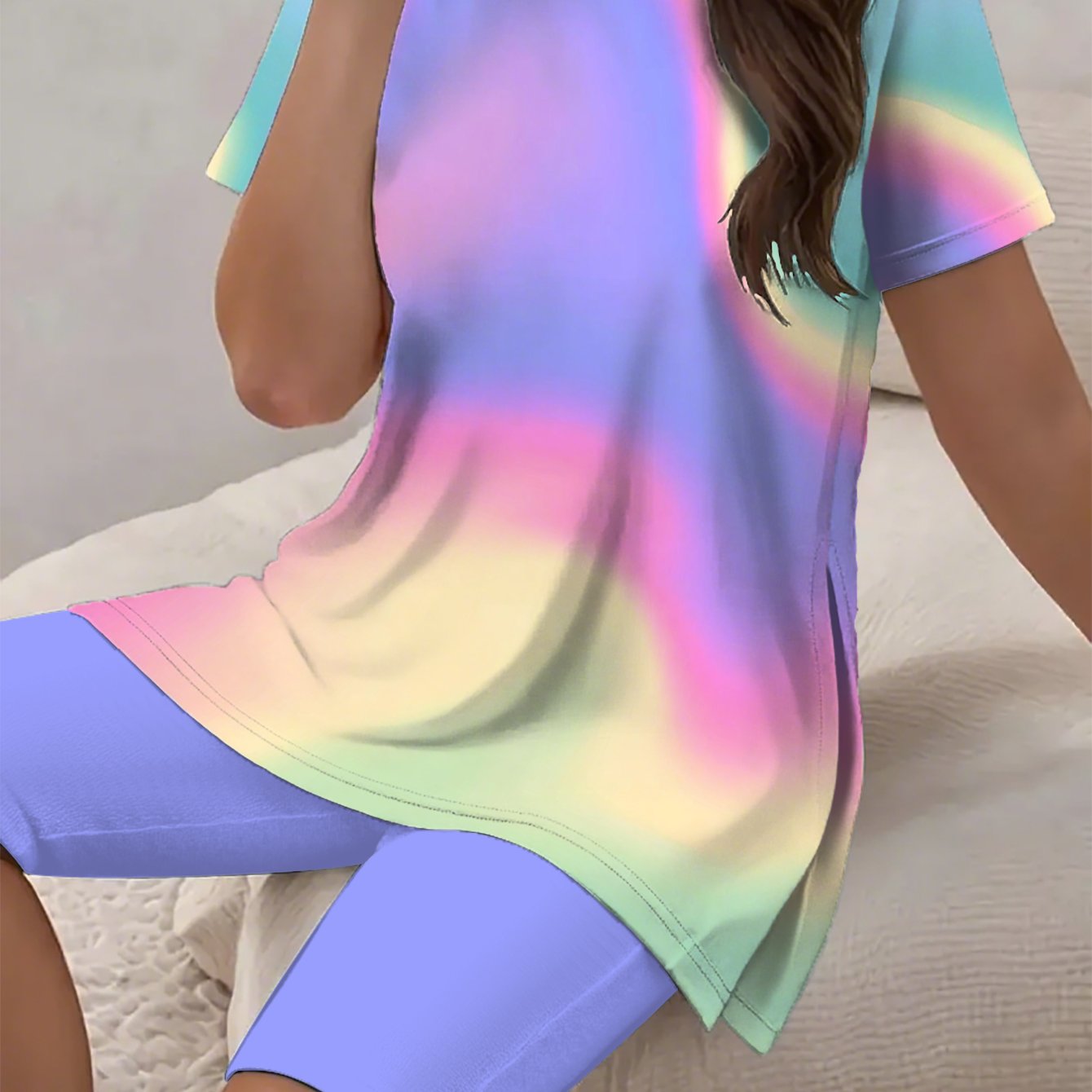 Women's Casual Daily Short-sleeve Set With Macaron Gradient Print, Fresh And , Loose And Skin-friendly, Gentle And, Ideal For Home Casual Wear