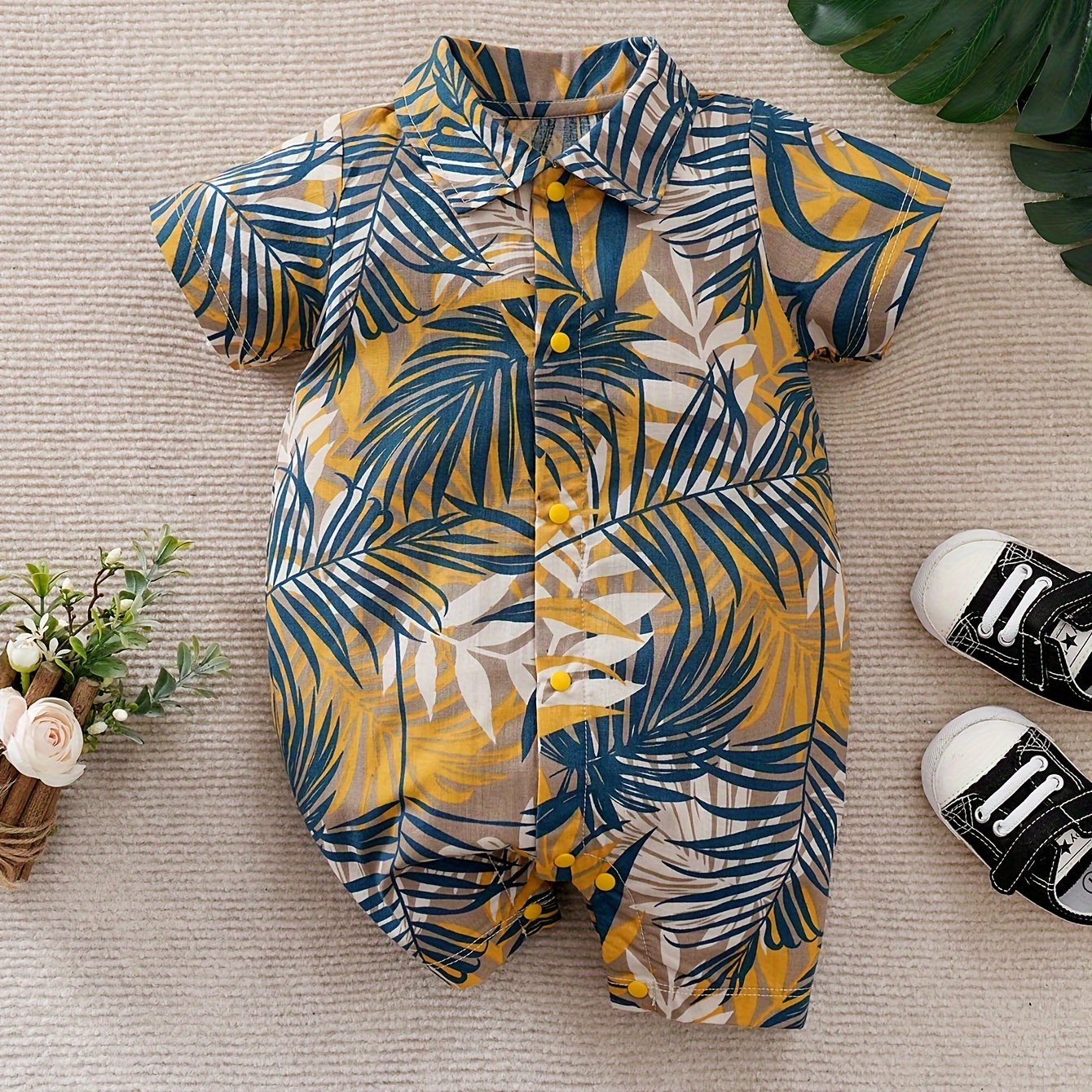 Jungle-themed Short-sleeve Summer Romper For Babies, Made Of Pure With A Full Print, For Outdoor