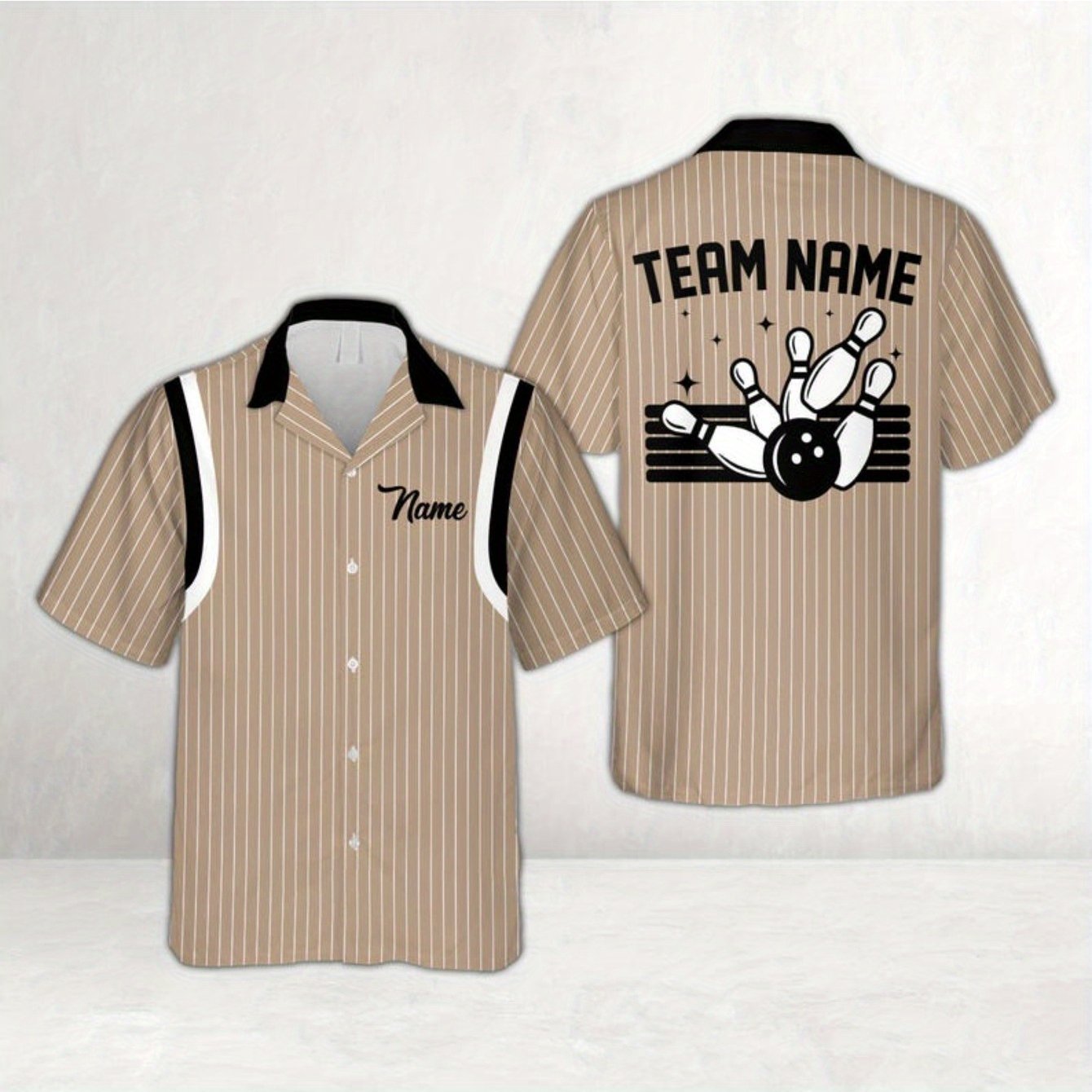 TEMU Personalized Hawaiian-style Bowling Shirt With Custom Name, Featuring Retro Stripes And A Button-, Matching Bowling Teams And As A Gift For