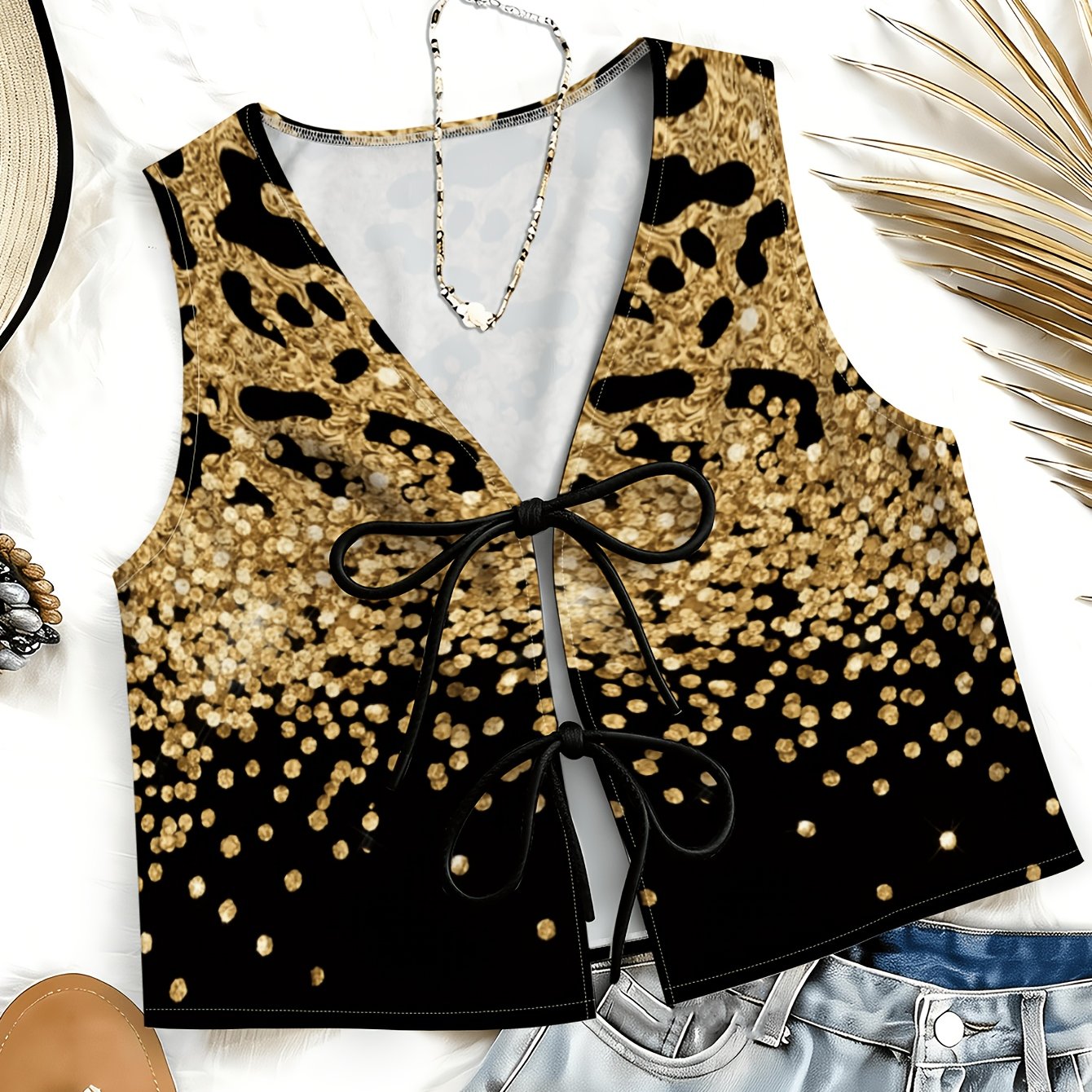 TEMU Plus Size Women's Spring Summer New Clothing, Fashionable Individual Black Golden Gradient Print, Golden Pattern, Black Strap Vest, French Short