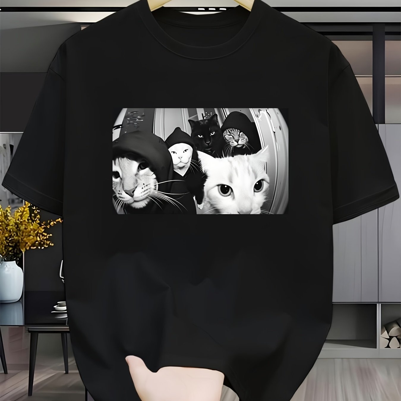 TEMU T-shirt à manches courtes pour homme, imprimé chat 2D original, coupe ample, col rond, respirant, séchage rapide, haut décontracté pour , les