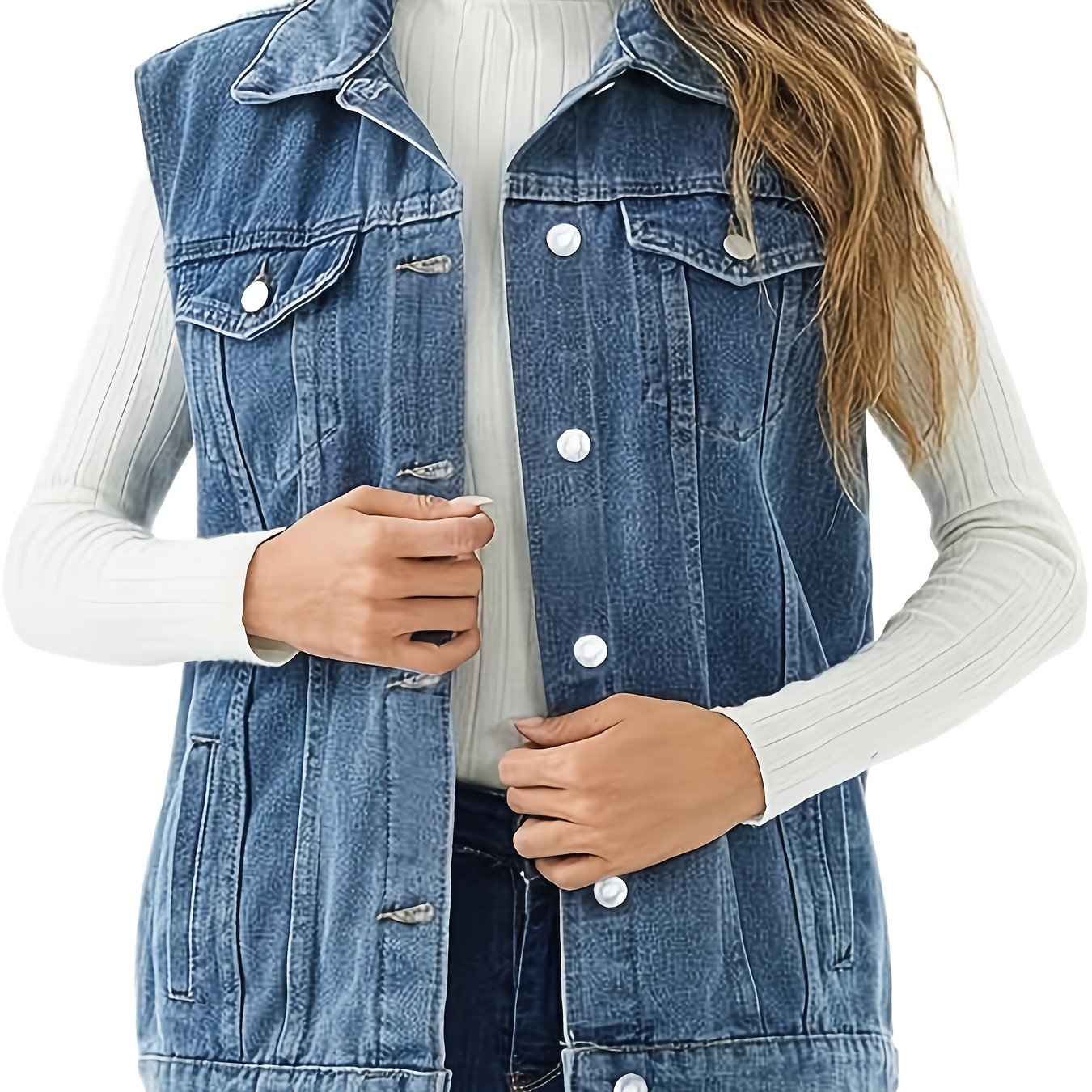 Image of Women's Vintage Denim Vest Button-up Vest Sleeveless Denim Jacket Chest Flap Pockets