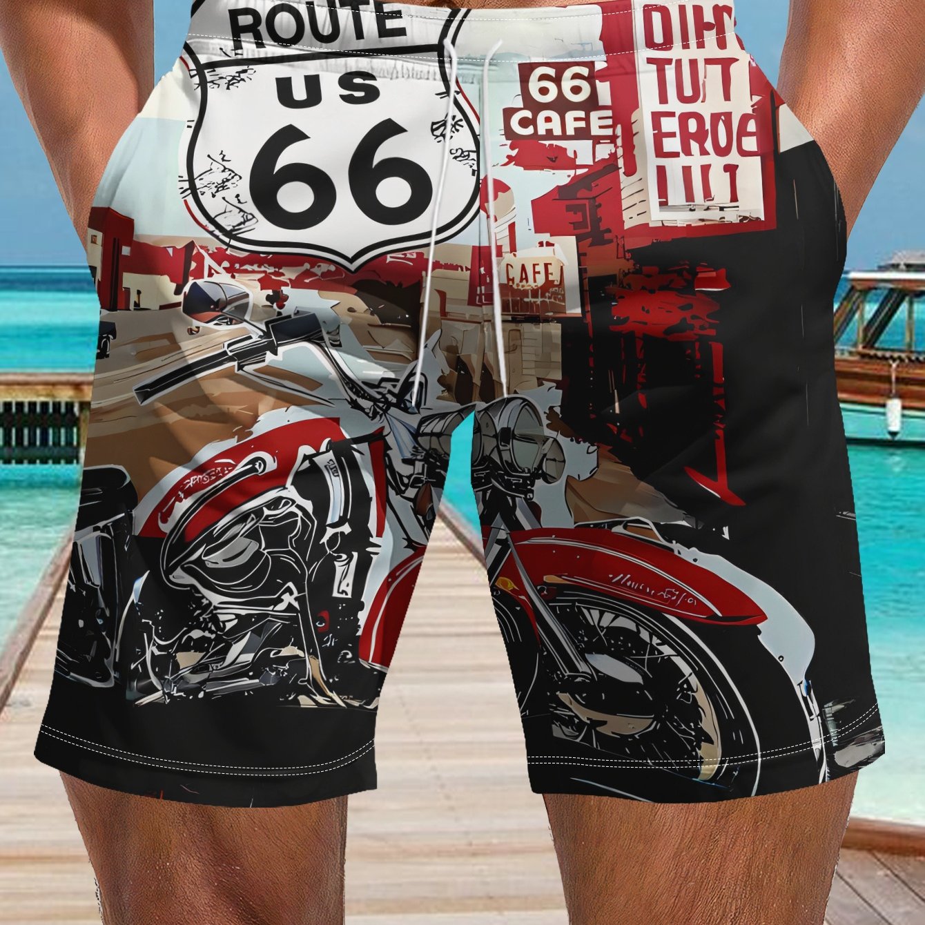 TEMU Pantalones cortos casuales para hombre con estampado vintage de motocicleta 66 de Estados Unidos. Hechos de poliéster transpirable para mayor