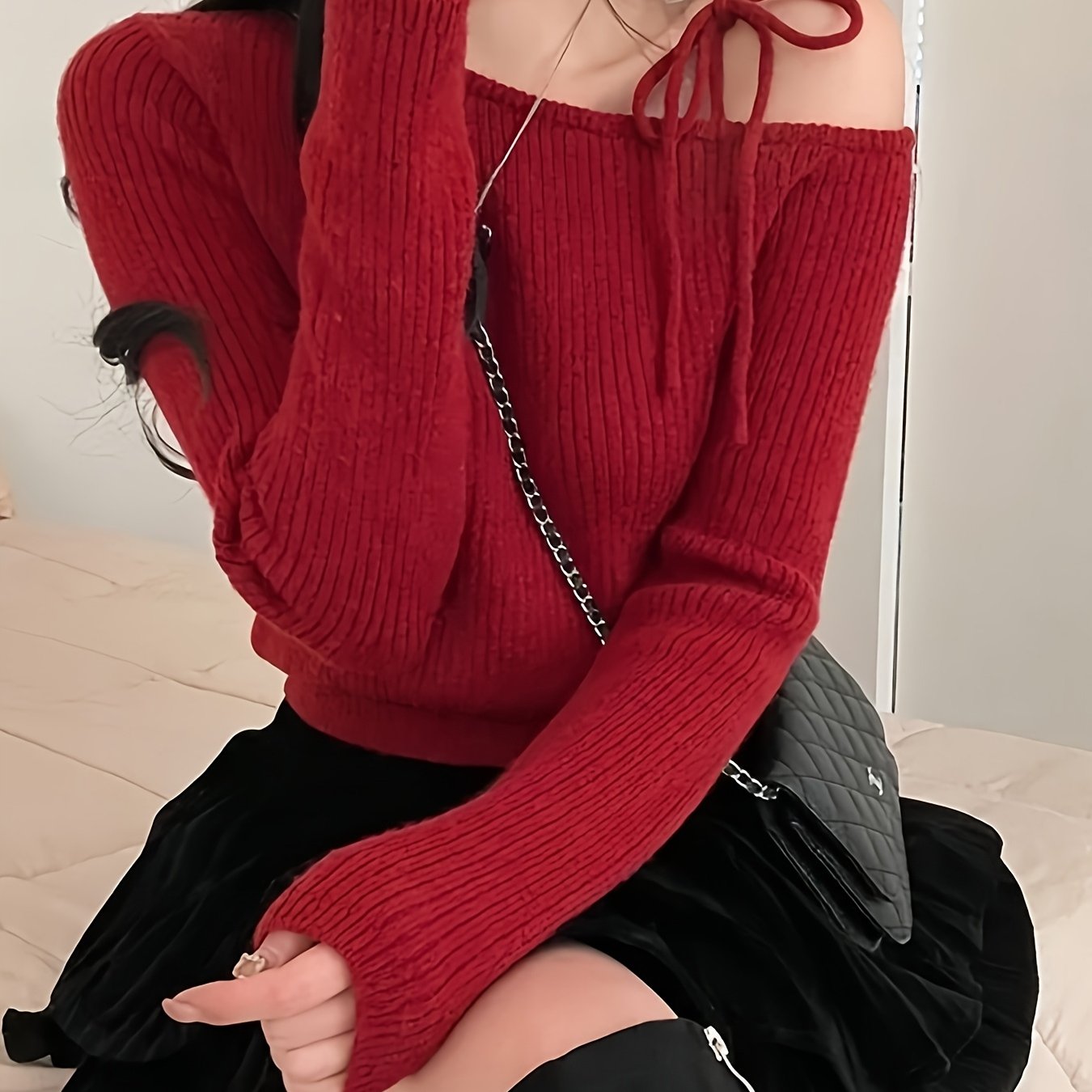 E-shop Y2K Schulterfreier Pullover, Pullover mit Bindebändern, Rippstrick-Pullover mit Schulter, Lässiger einfarbiger Langarmpullover, Damenbekleidung