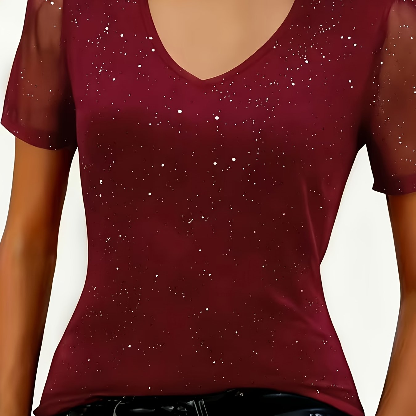 TEMU New Women's Fashion Elegant Casual T-shirt - Dot V-neck Mesh Short-sleeved Top