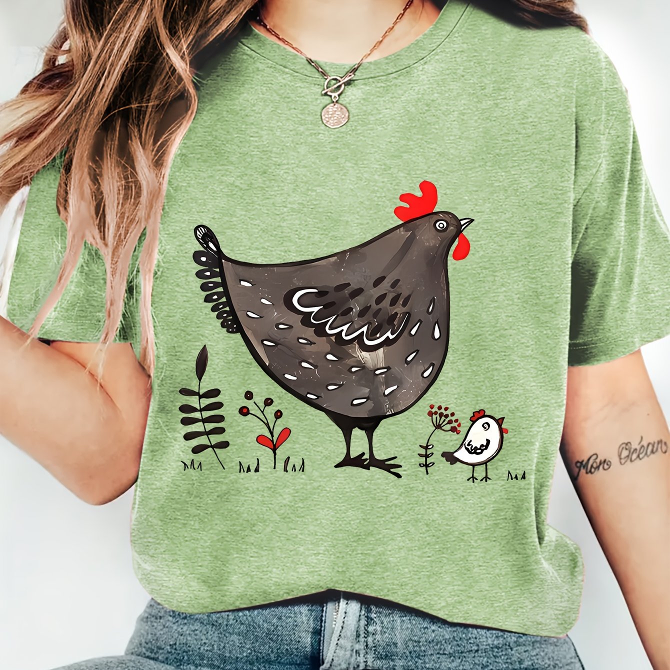 TEMU Women's Vintage Chicken & Eggplant Print Short-sleeve T-shirt - Soft Round Neck Blouse, - Casual Top With S-xxl & Options, Machine Washable For