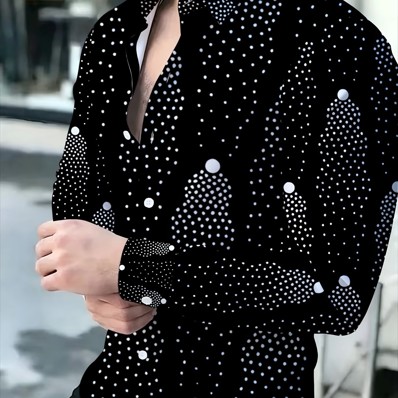 TEMU Men's Black Polka Dot Long Sleeve Shirt For Dining Room Or Living Room, Lightweight And , Perfect For Casual Or Formal Wear, With