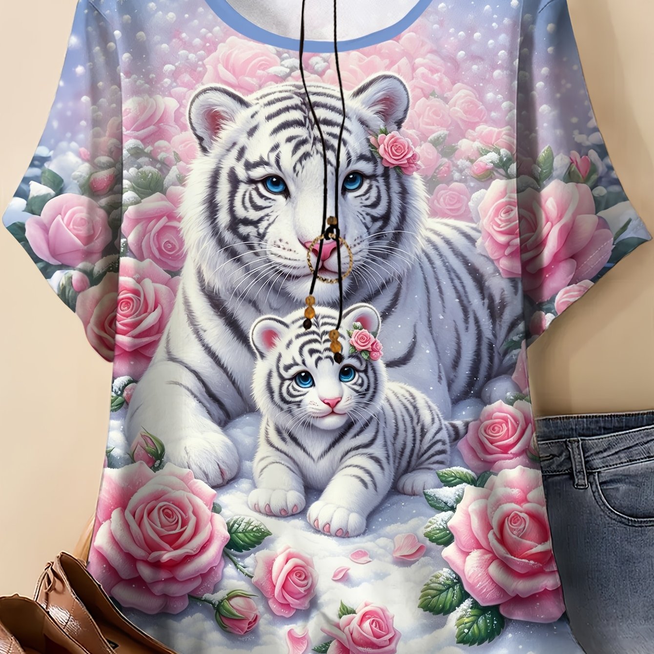 TEMU Plus Size, Women's Plus Size Tiger & Tiger Flower Print T-shirt - Short Sleeve Round Neck Suitable For Vacation, Casual & Casual Attire, Opaque