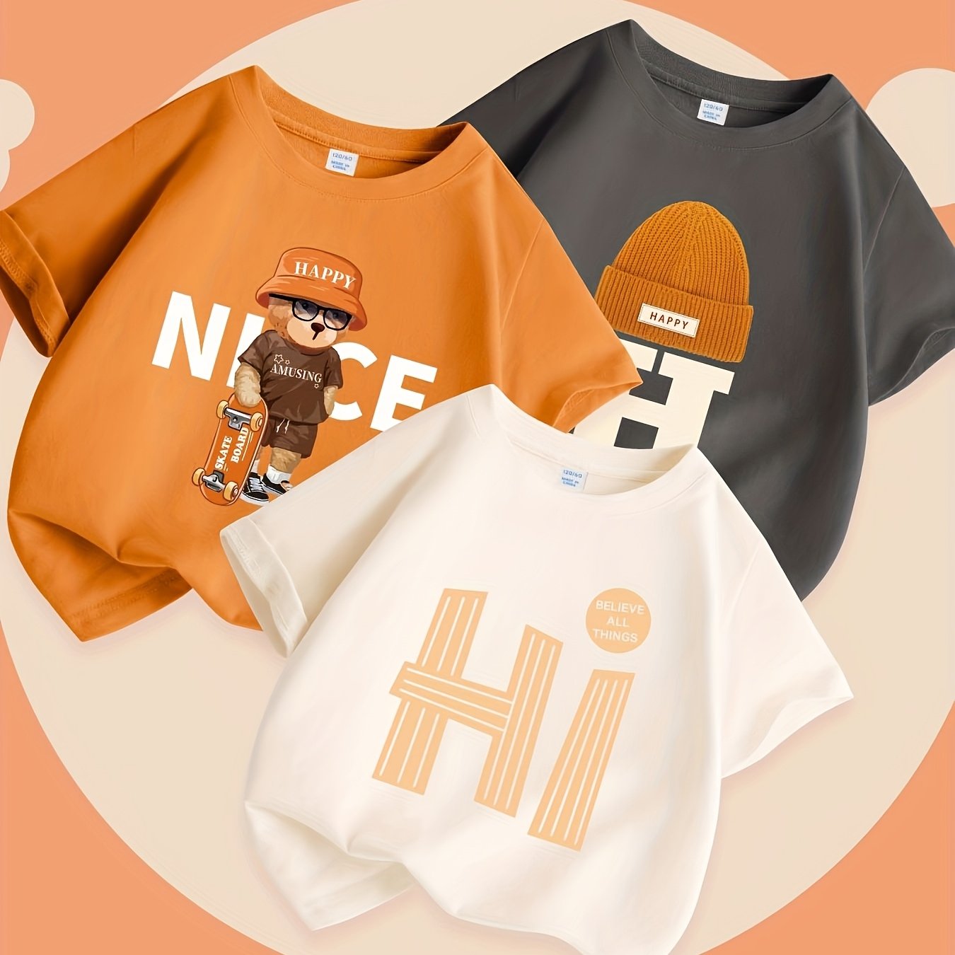 Image of Jeanswest Kids 7pcs Boys' Loose-fit Lightweight Comfortable Pure Short-sleeve T-shirts, 3pcs With Letter Print, Suitable For Outdoor Casual And Sports Wear, Summer Boys' Tops
