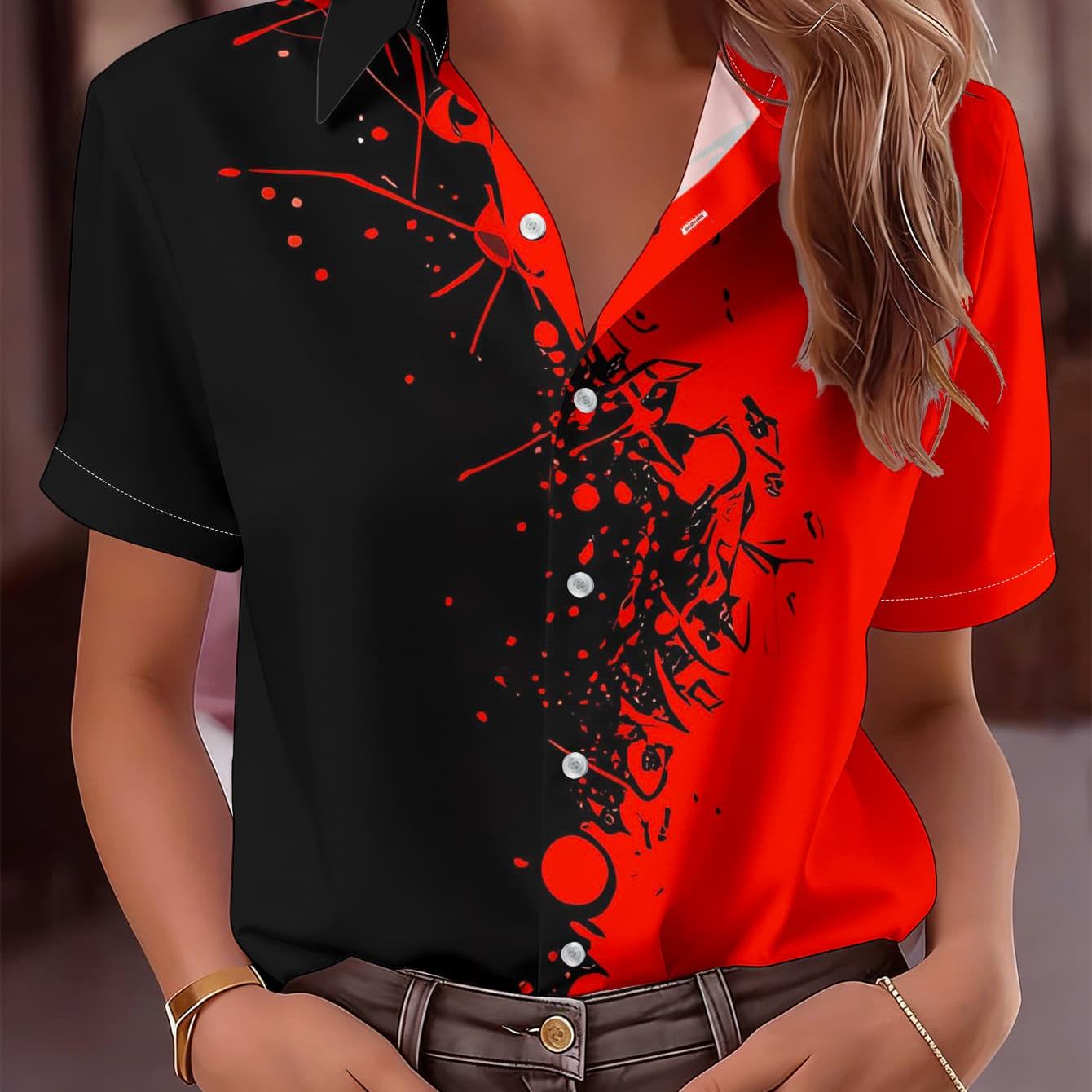 TEMU Women's Short-sleeve Shirt, Summer Regular Fit Daily Top, Printed Shirt With Red And Black Dual-tone Background, Red Area Features Abstract Art