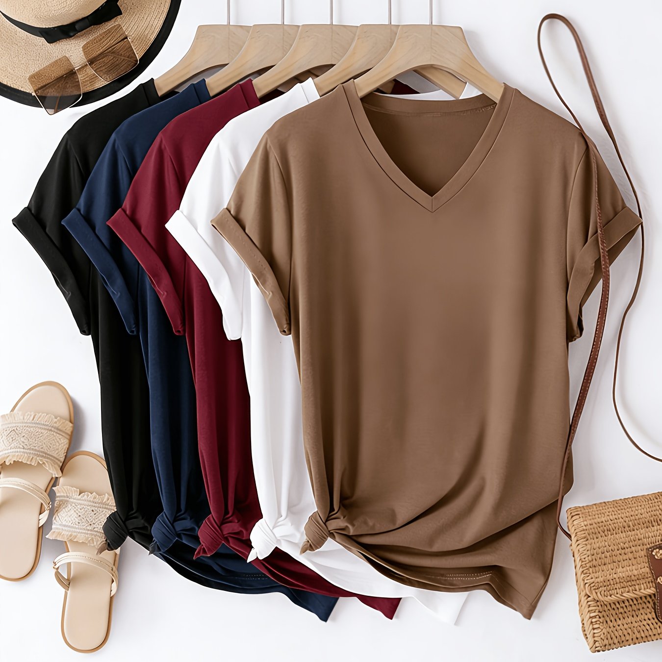 TEMU 5pcs New Women' Color V-neck T-shirts, Spring/summer Lightweight Pullover, Versatile Daily Wear Loose Casual Sport Short Sleeve Tops, 5pcs Set