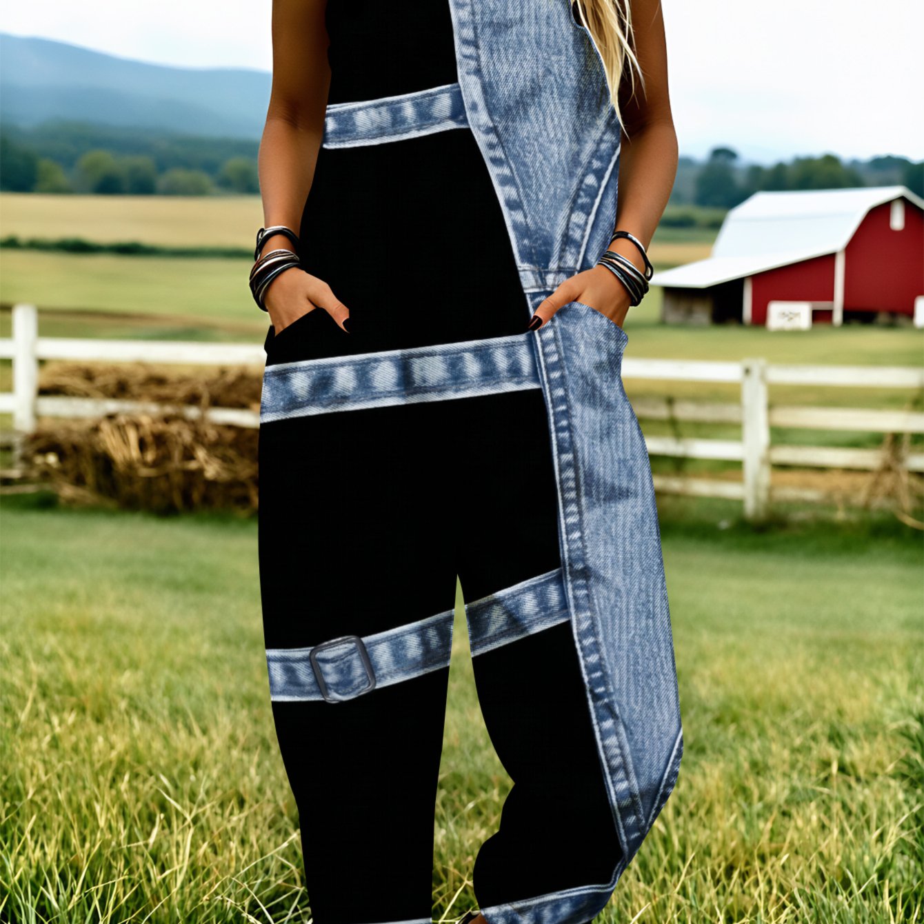 TEMU Plus Size Women's Overalls 0xl-5xl Denim And Black Design Comfortable And Breathable Clothing Machine Washable Casual Wear Adjustable Shoulder