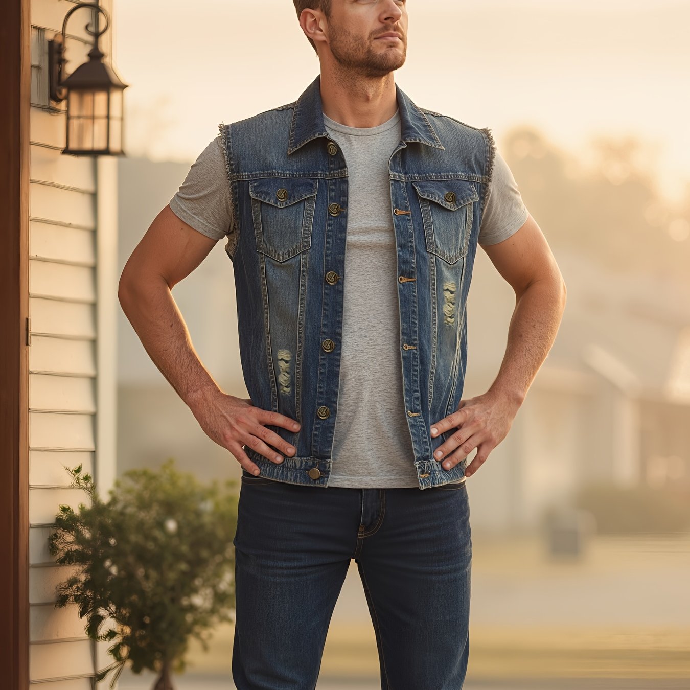 Image of Men's Youth Trend Denim Vest, Men's Vest, Vest, Camisole, Off-shoulder, Casual Vest