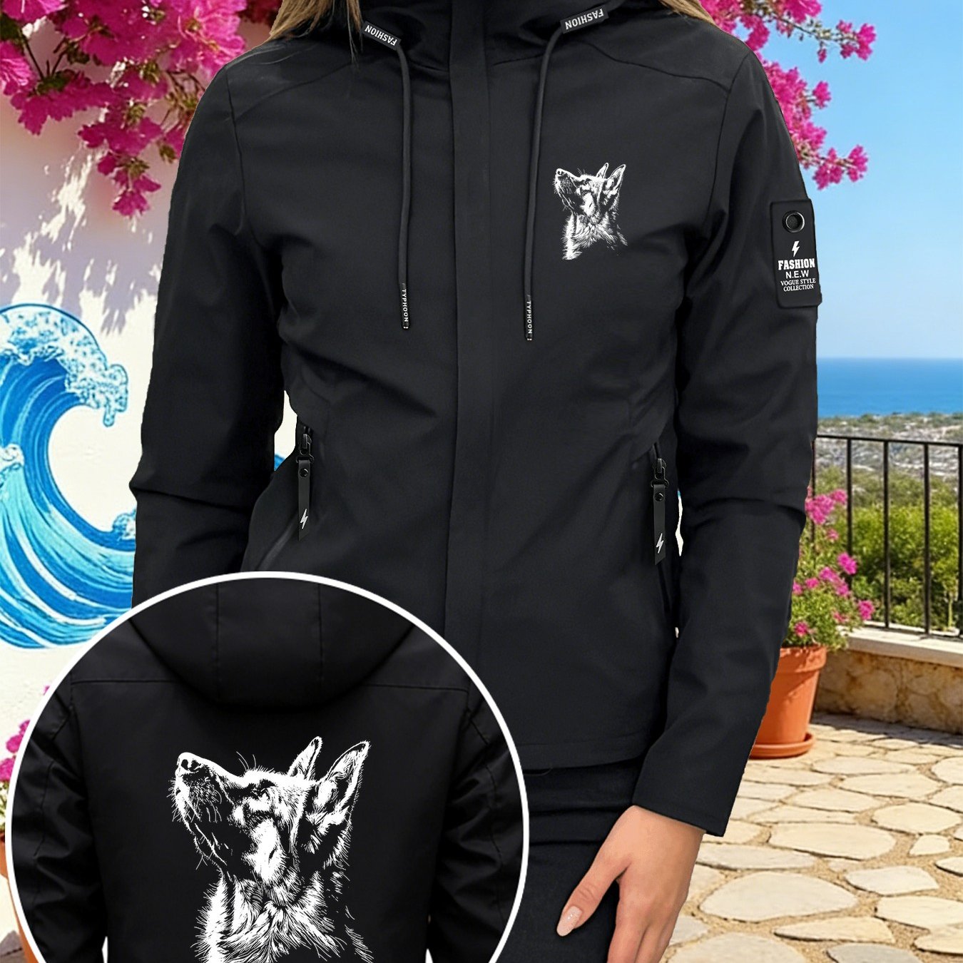 TEMU German Shepherd Black And White Print Women's Jacket, Cool And Edgy Style Hooded Top