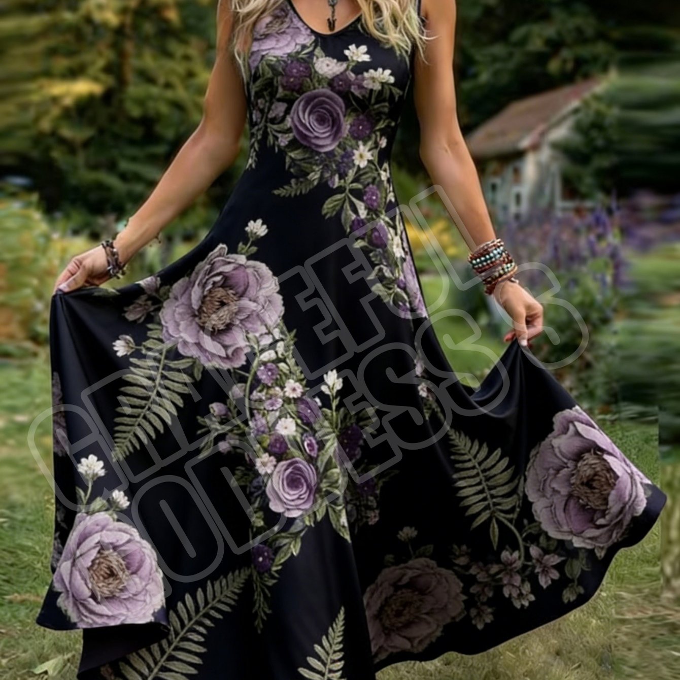 Women's Retro Style Sleeveless Dress With Elegant Floral Print Design, Pastoral V-neck A-line Maxi Skirt. Machine Washable, Perfect For Daily Wear And Travel