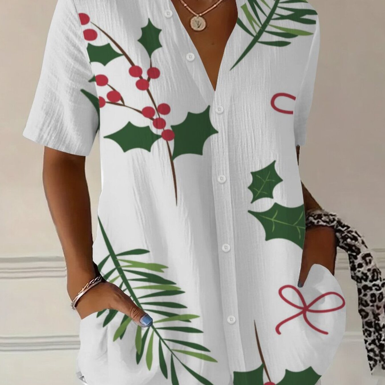 TEMU Women's Christmas Print Button-up Shirt - V-neck Short Sleeve Top With Pockets, Loose Fit Midi Length Suitable For Summer, Casual Holiday Shirt
