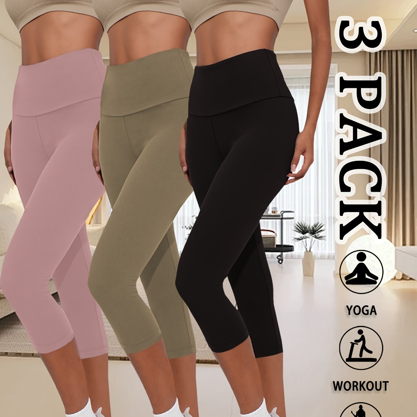 3 Pack 5" High Waisted Capri Pants For Women, Super Soft Tummy Control No See Through Workout Running Yoga Athletic Leggings