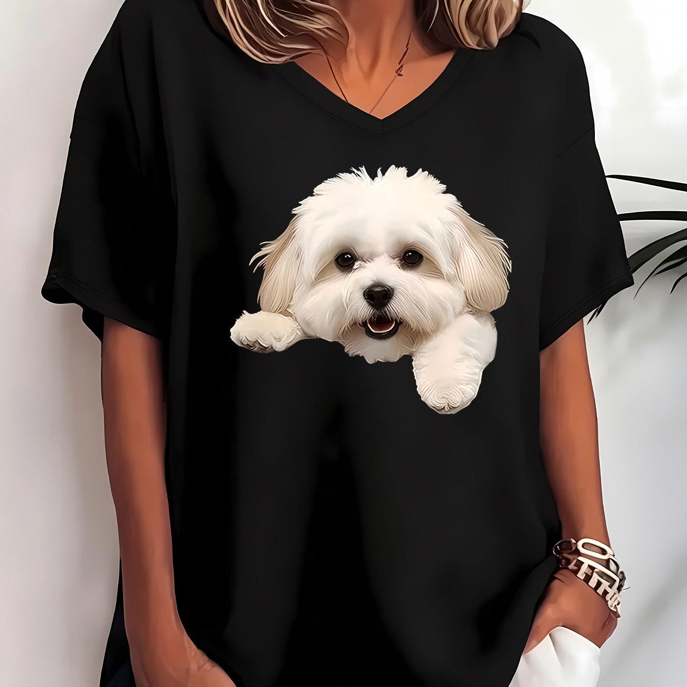 TEMU Plus Size, Women's Plus Size 1xl-8xl Oversized V-neck T-shirt With Cute Maltese Puppy Print - Short Sleeve Pullover Suitable For Fashion
