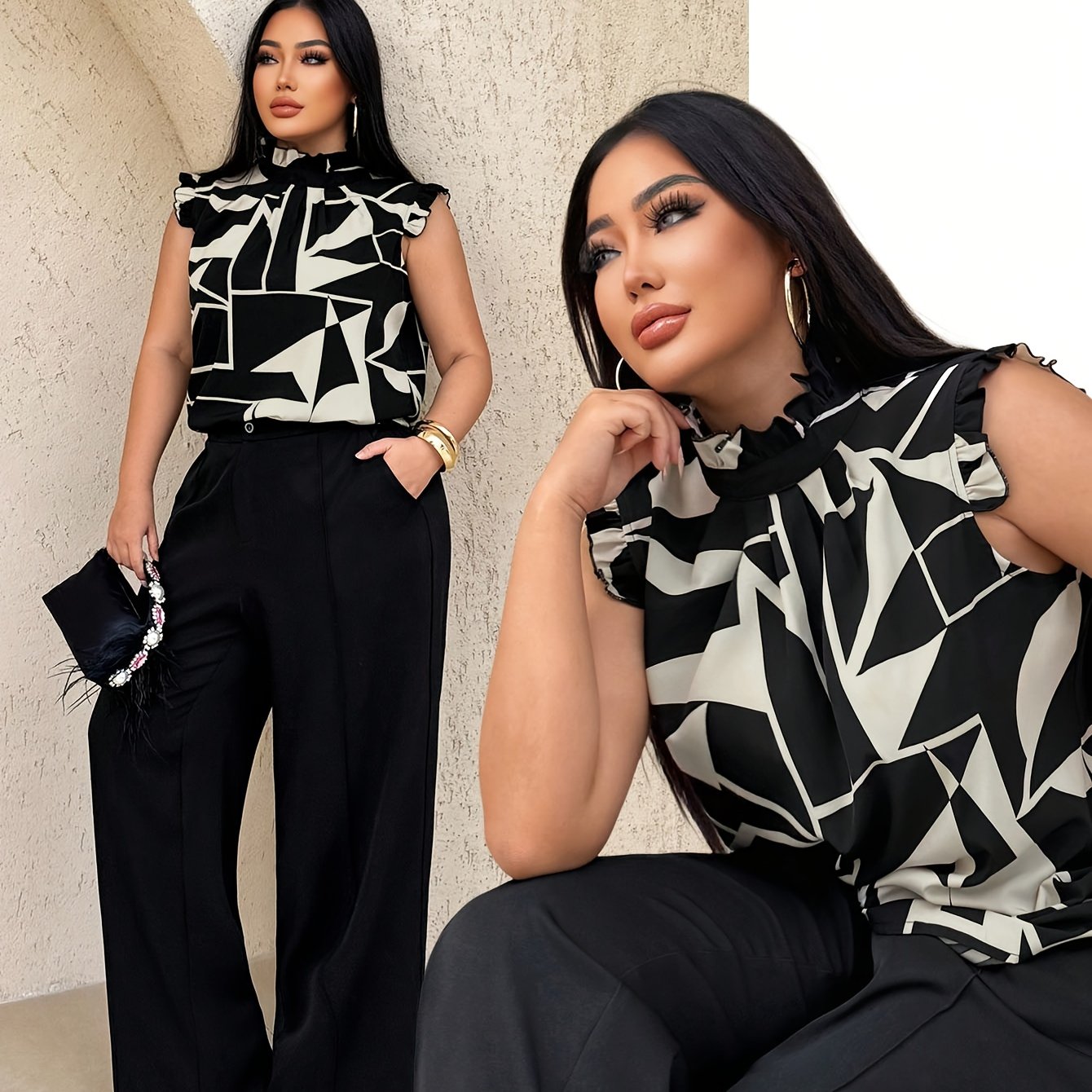 E-shop Plus Size - Plus Size - Plus Size Damenbekleidung Damenhemd Sommer Neuer geometrischer Druck Damen High Neck Kurzarm Bluse Top