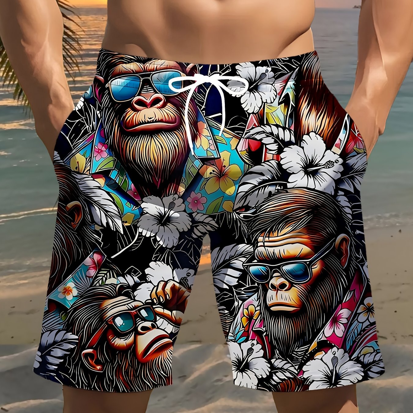 TEMU Men's Gorilla Print Beach Shorts - Lightweight Polyester Drawstring Waist Casual Swim Trunks, Suitable For Summer, Golf, Fishing, Basketball,