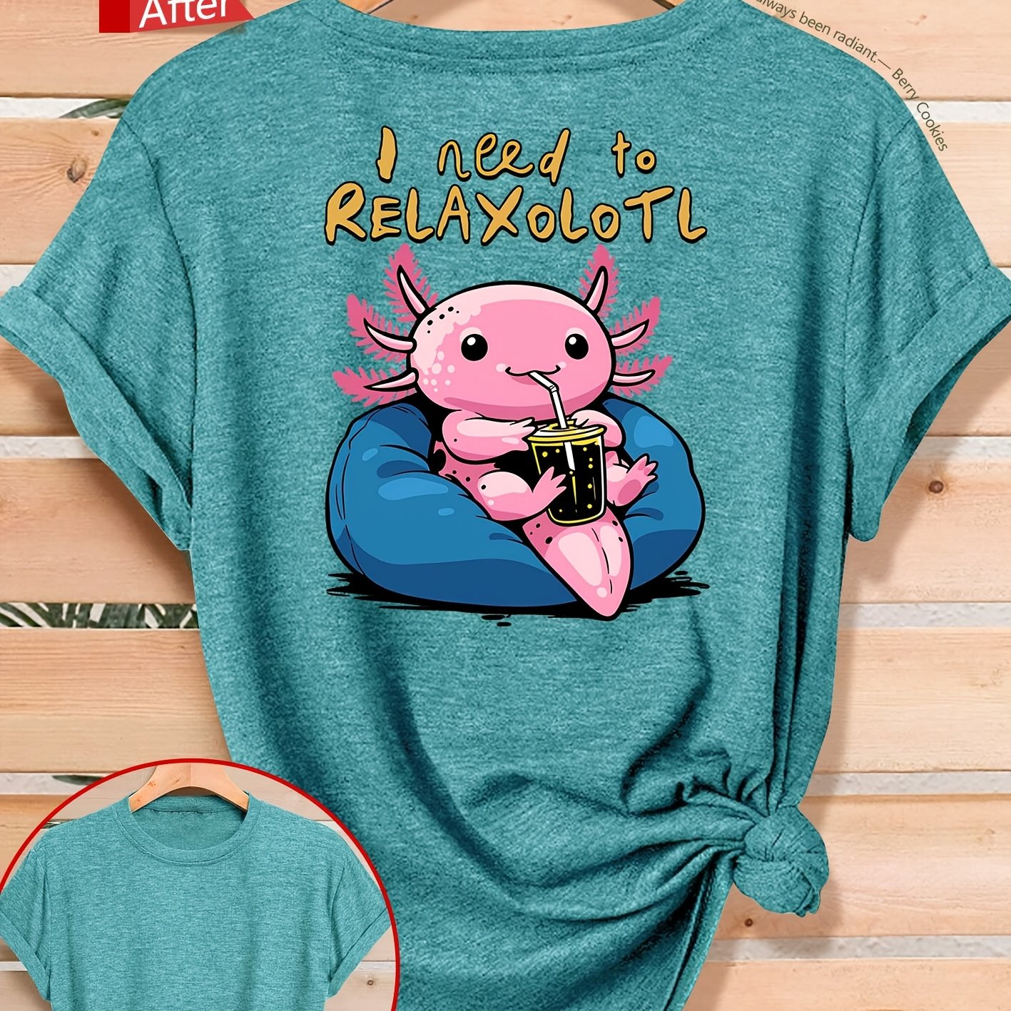 TEMU 2026 New Women's Short-sleeve T-shirt Axolotl Homophonic Relaxing Print Spring Summer Autumn Elegant Versatile Casual Sports Style Round Neck