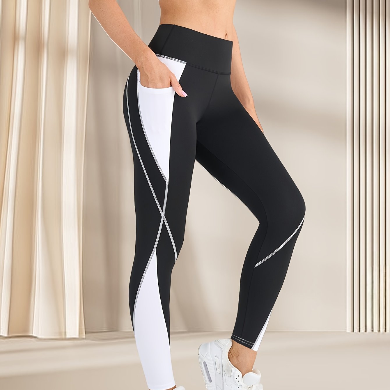 E-shop Farbblock-Yoga-Hosen für Damen, Outdoor-Fitness-Leggings, hochtaillierte, bauchkontrollierende lange Hosen, feuchtigkeitsableitende,