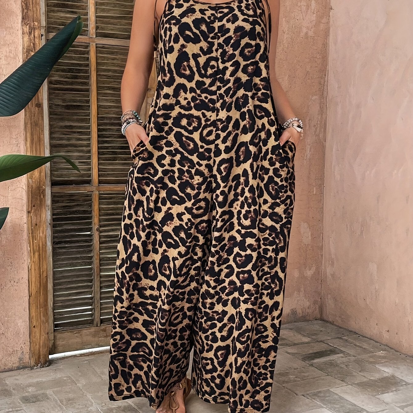 TEMU Sexy Retro Leopard Print, With Pockets, Vacation Casual Loose Jumpsuit, Thin Strappy , Suitable For Spring/summer/autumn