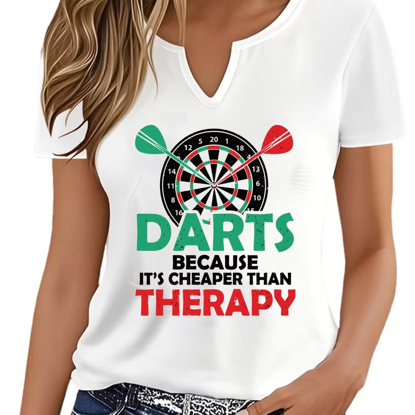 TEMU Fashionable Casual V-neck Short Sleeve T-shirt | Comfortable And Versatile, Soft Fabric, Darts Game Print, Ideal For Spring/summer/fall